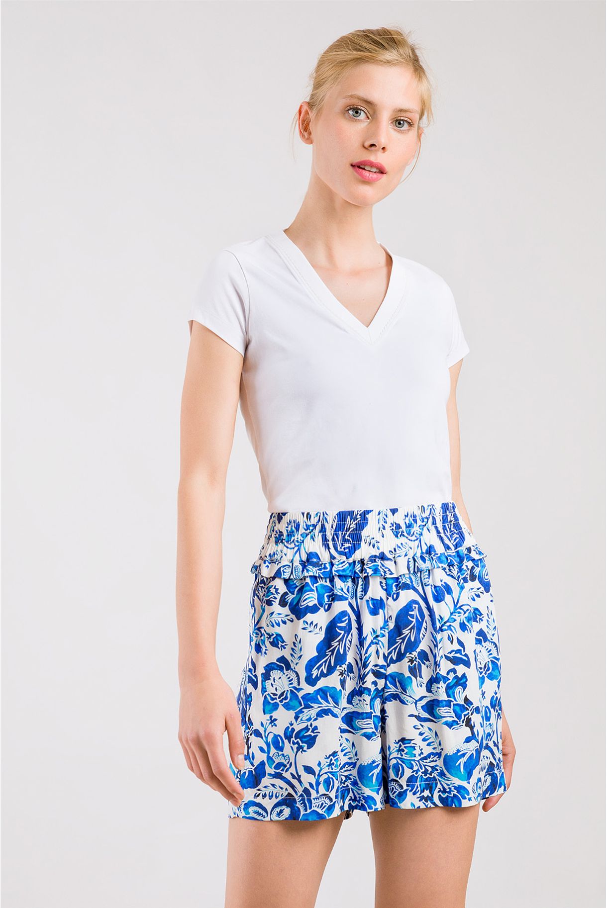 Blue And White Floral Print Shorts