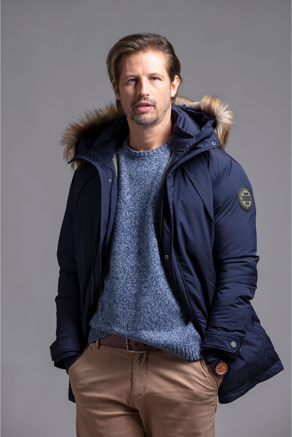 Men's parka jacket with hood and fur collar
