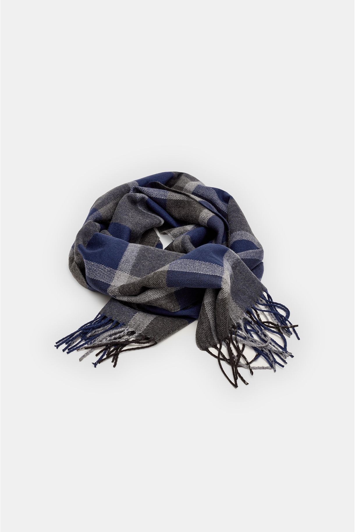 Men's blue plaid scarf with fringes