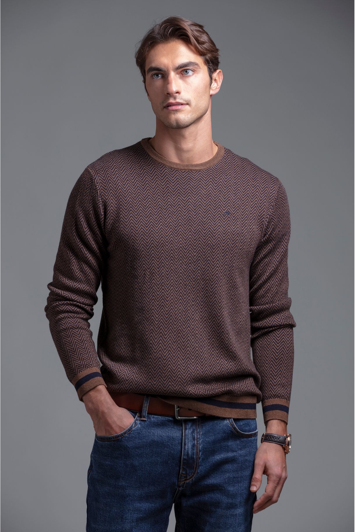 Jacquard round neck knit sweater