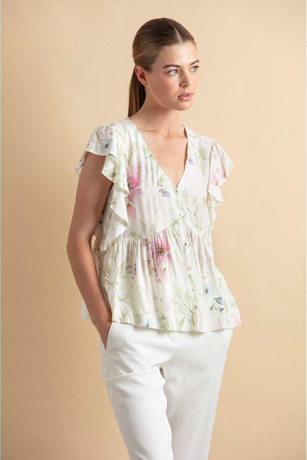 Printed top with frill on the sleeve