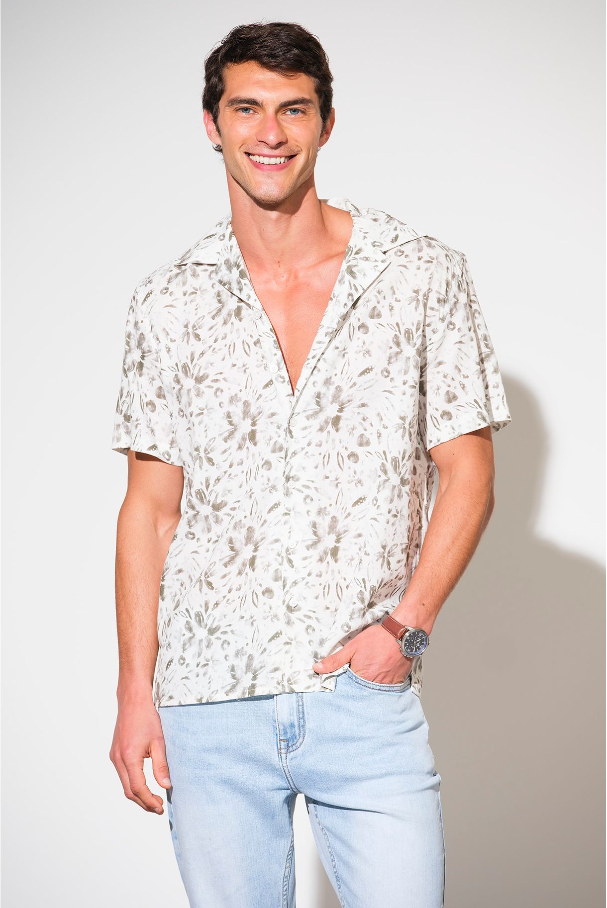 SHORT SLEEVE SHIRT WITH COTTON AND LINEN PRINT