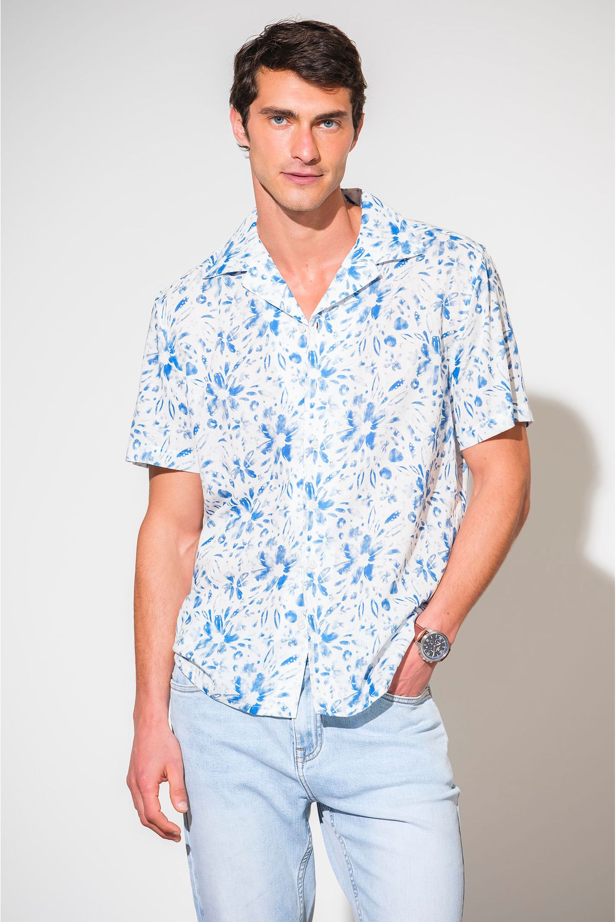 SHORT SLEEVE SHIRT WITH COTTON AND LINEN PRINT